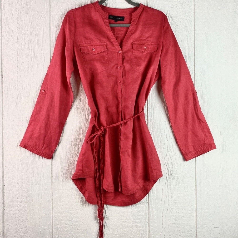 Lady Hathaway Women Small Linen Top Red Tunic Braided Fringe Cowgirl Rodeo Flaw‎